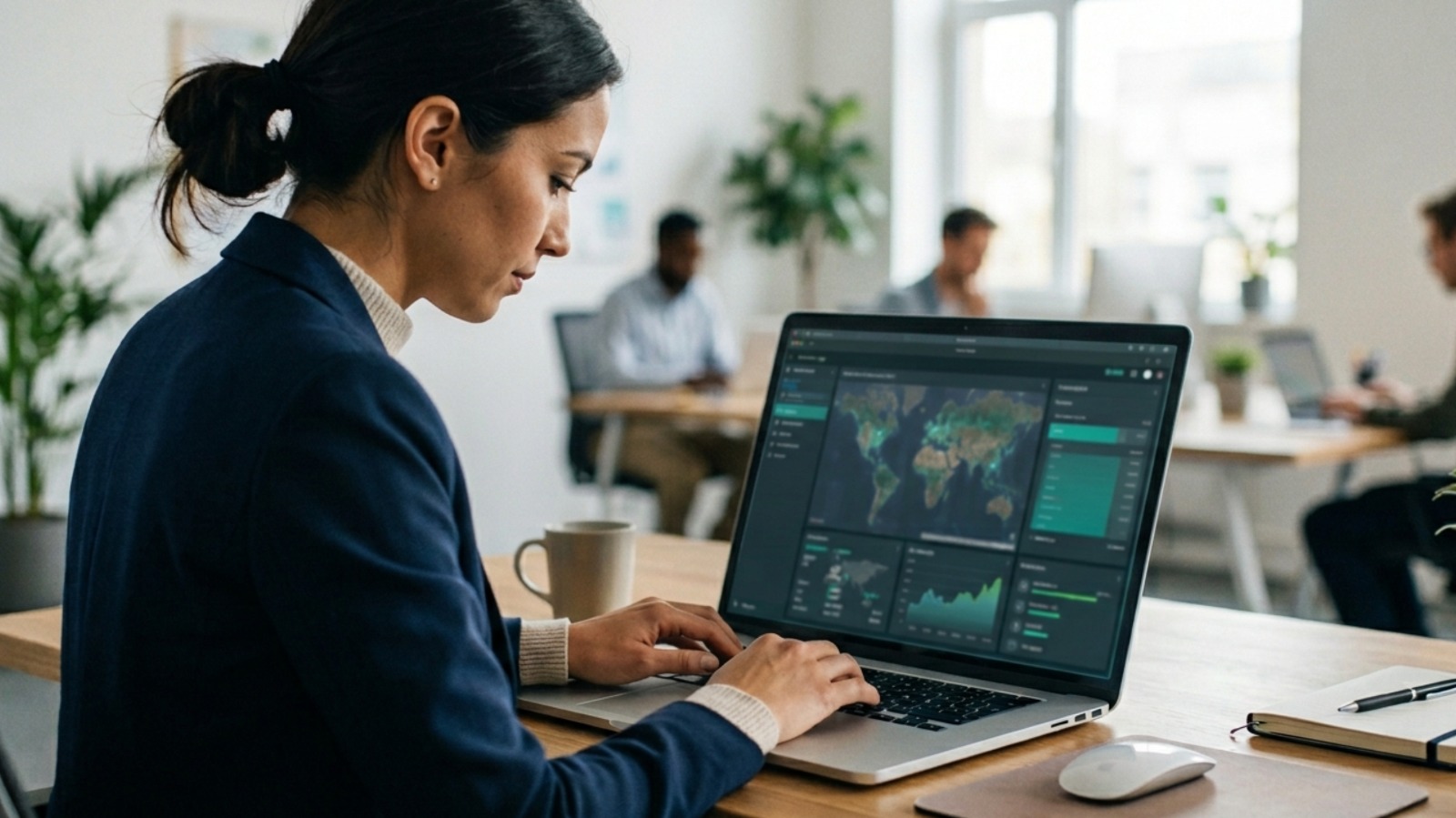 a professional woman in a dark blazer working on a laptop in a bright, modern office. the laptop screen displays a data dashboard with a world map and various performance charts. in the blurred background, other colleagues are working at their desks, creating a focused and collaborative atmosphere.