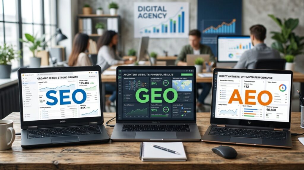 Comparison of SEO, GEO, and AEO strategies displayed on laptops with analytics charts in a digital agency workspace