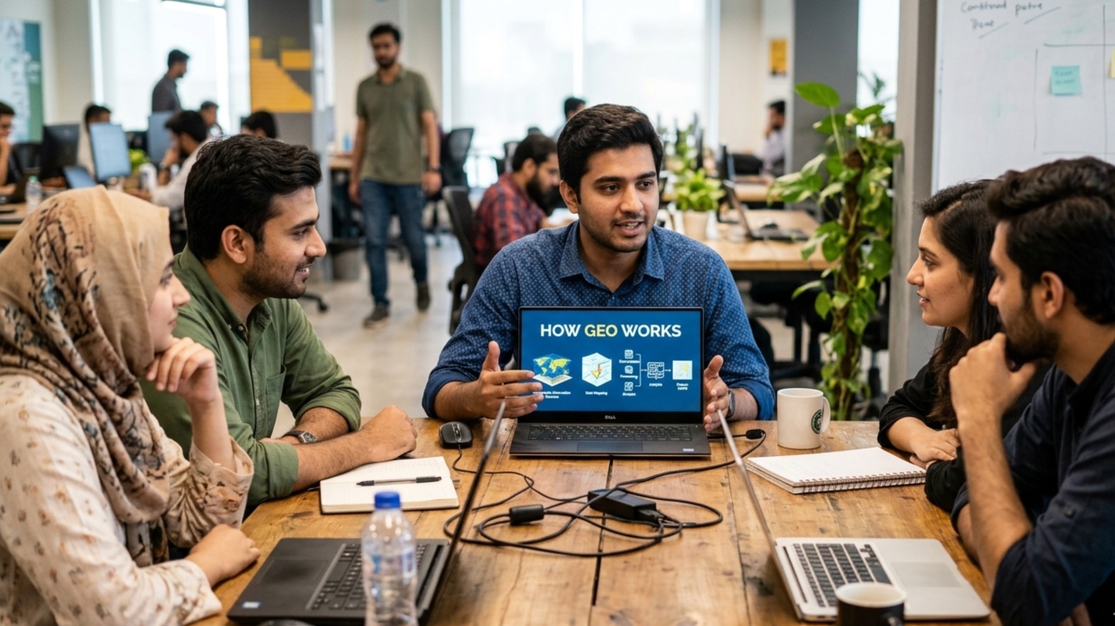 Team of colleagues in a modern office discussing a presentation on “How GEO Works,” with a man explaining from a laptop screen while others listen and collaborate around a meeting table.