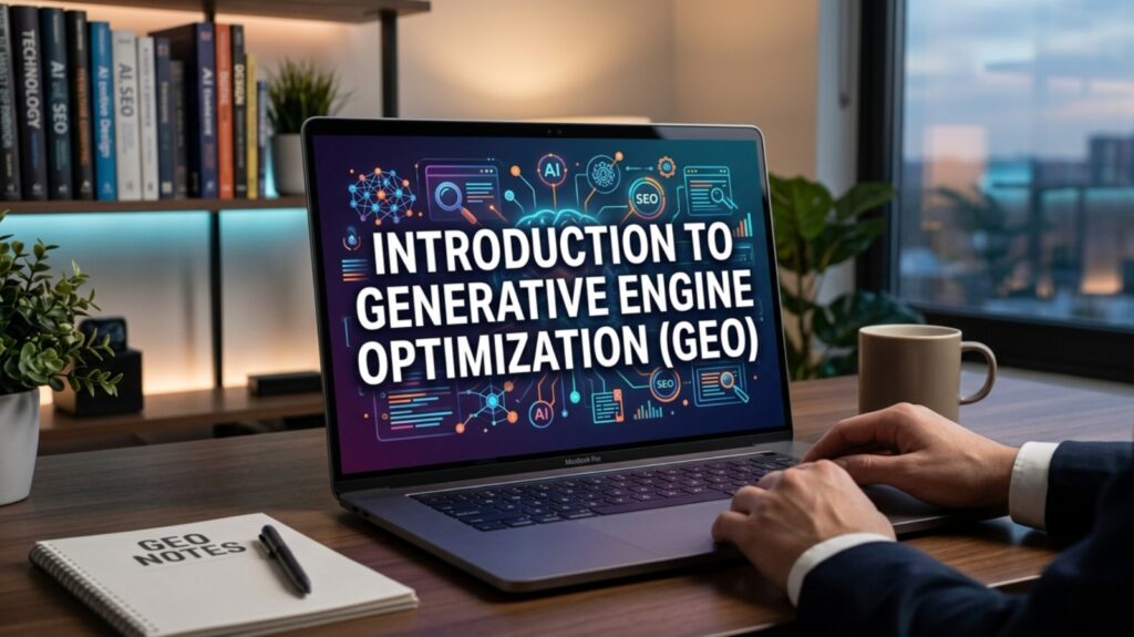 a laptop on a wooden desk shows a screen with the text "introduction to generative engine optimization (geo)" against a dark background filled with ai and seo icons. a person's hands are resting on the laptop keyboard, and a notebook labeled "geo notes" with a pen sits to the left. the background reveals a modern indoor setting with a bookshelf, potted plants, and a coffee mug.
