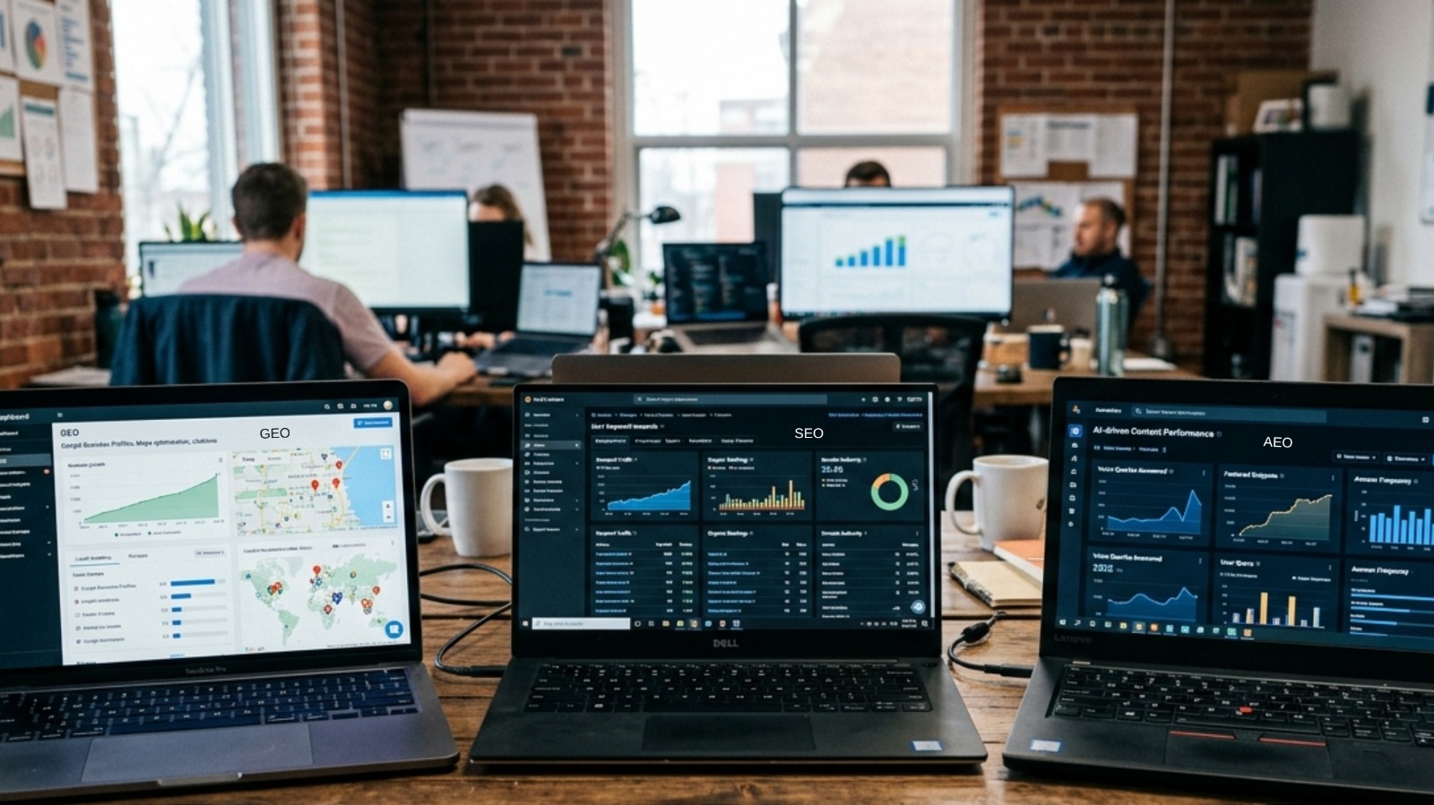 three laptops sit on a wooden table in an office, displaying digital marketing dashboards. the screens are labeled "geo" for local data, "seo" for traffic analytics, and "aeo" for ai-driven content performance. coffee mugs and a blurred workspace are visible in the background.