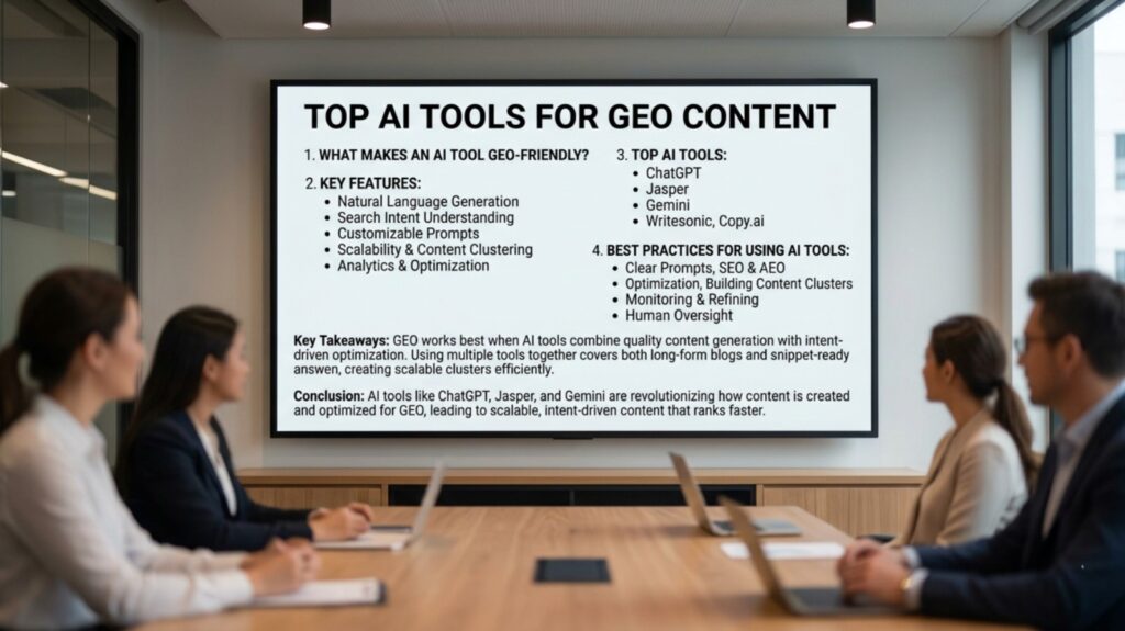 a professional meeting room where four people are seated at a table, looking toward a large screen displaying a presentation titled "top ai tools for geo content." the screen lists key features of geo-friendly tools, such as natural language generation and search intent understanding, alongside popular platforms like chatgpt, jasper, and gemini. it also outlines best practices, including clear prompts, seo, and human oversight, concluding that ai tools are revolutionizing scalable, intent-driven content creation.