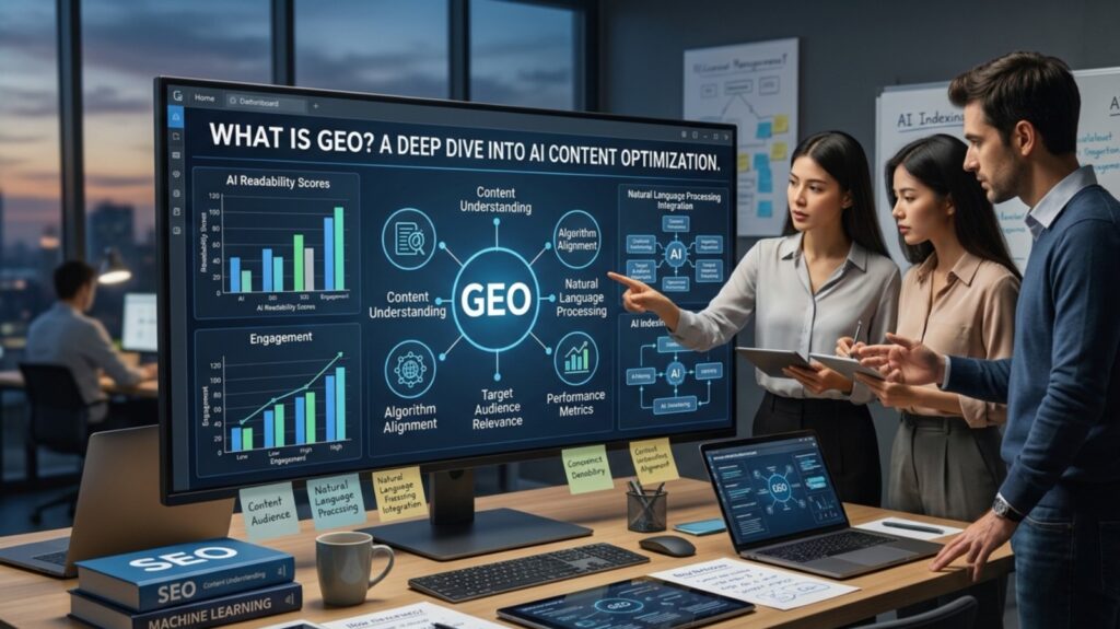 Team of professionals analyzing a large screen displaying “What is GEO? A Deep Dive into AI Content Optimization,” with charts, AI metrics, and diagrams related to content performance, NLP, and audience targeting in a modern office setting.