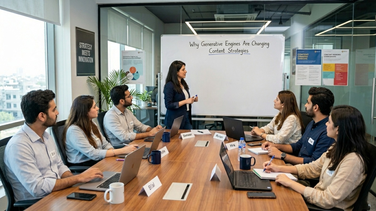 a woman stands at the front of a modern conference room, leading a presentation for a group of six professionals seated around a wooden table. she holds a marker toward a whiteboard that reads "why generative engines are changing content strategies." the participants have laptops, notebooks, and coffee mugs in front of them, appearing engaged in the discussion. the bright office space features large windows overlooking a city, glass walls, and motivational posters on the walls.