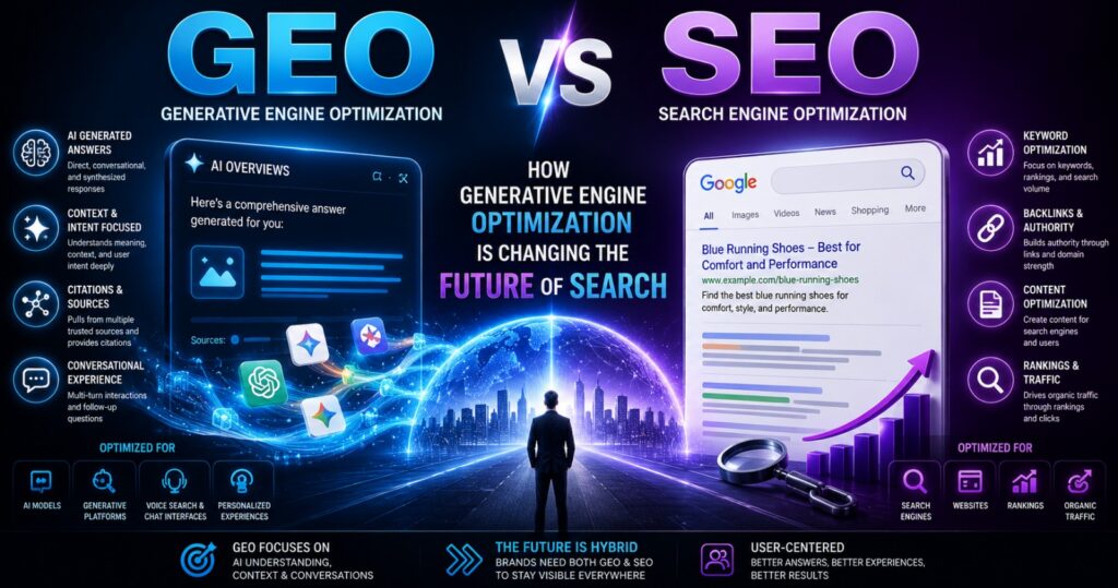 An infographic comparing GEO (Generative Engine Optimization) vs SEO (Search Engine Optimization), titled "How Generative Engine Optimization is Changing the Future of Search." It displays AI-generated conversational features on the left and traditional search engine keyword rankings on the right.