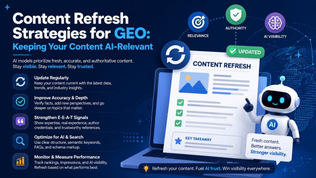 The image "content-refresh-strategies-for-geo-keeping-your-content-ai-relevant.jpg" displays a laptop with an updated document next to a small AI robot character, connected to three metrics: relevance, authority, and AI visibility. It outlines five core strategies on the left: update regularly, improve accuracy and depth, strengthen E-E-A-T signals, optimize for AI and search, and monitor and measure performance.