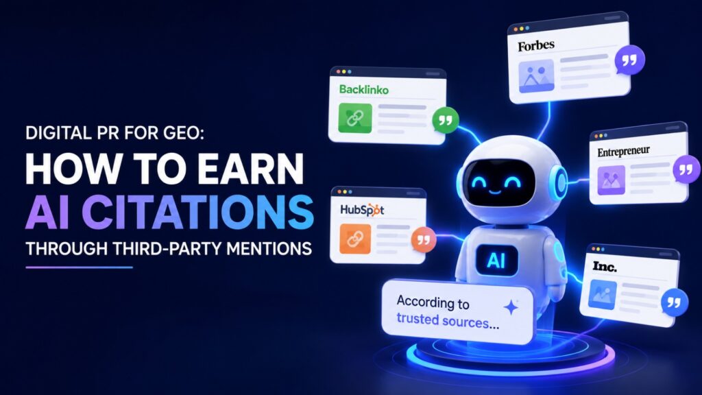 an graphic text reads digital pr for geo how to earn ai citations through third party mentions next to a small white robot connected to authoritative website icons
