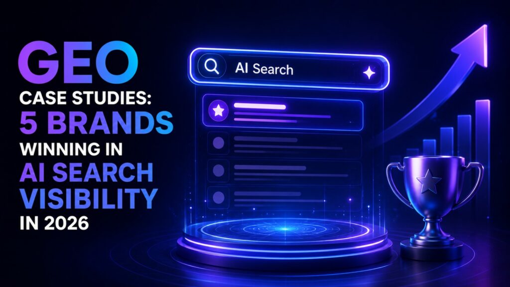 a dark blue digital graphic featuring a glowing user interface displaying an "ai search" bar and search results on a circular purple pedestal. next to it are a shiny silver trophy with a star and an upward-trending bar chart with a large arrow pointing up. the text on the left reads, "geo case studies: 5 brands winning in ai search visibility in 2026."