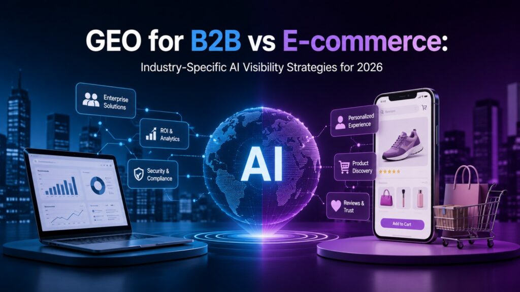 Illustration comparing B2B and e-commerce AI visibility strategies, featuring business analytics on a laptop and online shopping on a smartphone.