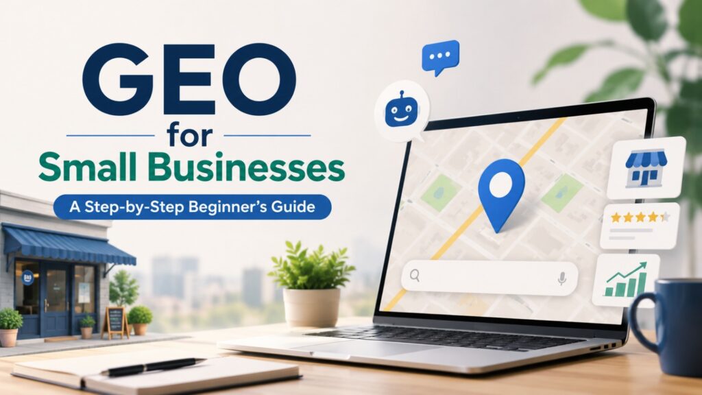 geo for small businesses a step-by-step beginner's guide text on an infographic header with a laptop showing a map, location pin, and chat bubbles on a desk with a storefront model.