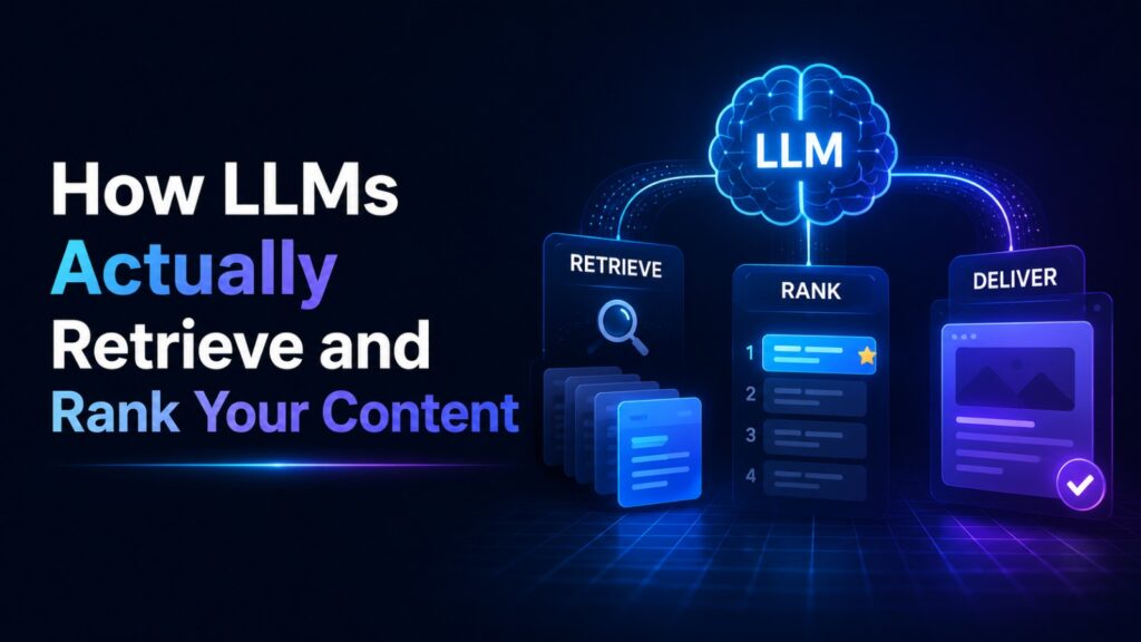 how llms actually retrieve and rank your content text next to an infographic diagram showing a digital brain labeled llm connected to three stages retrieve rank and deliver