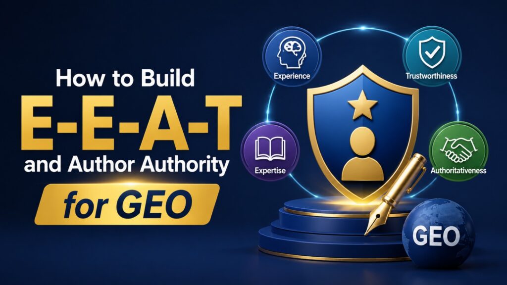 how to build e-e-a-t and author authority for geo text next to an infographic with a shield, a fountain pen, a geo globe, and circular icons for experience, expertise, trustworthiness, and authoritativeness