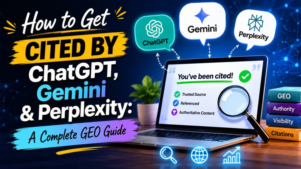 a laptop displaying a website citation with logos for chatgpt, gemini, and perplexity, next to text that reads how to get cited by chatgpt, gemini, and perplexity a complete geo guide