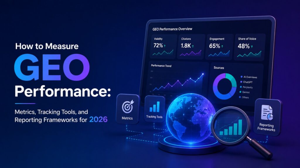 a digital dashboard displaying geo performance overview metrics next to text that reads how to measure geo performance metrics tracking tools and reporting frameworks for 2026