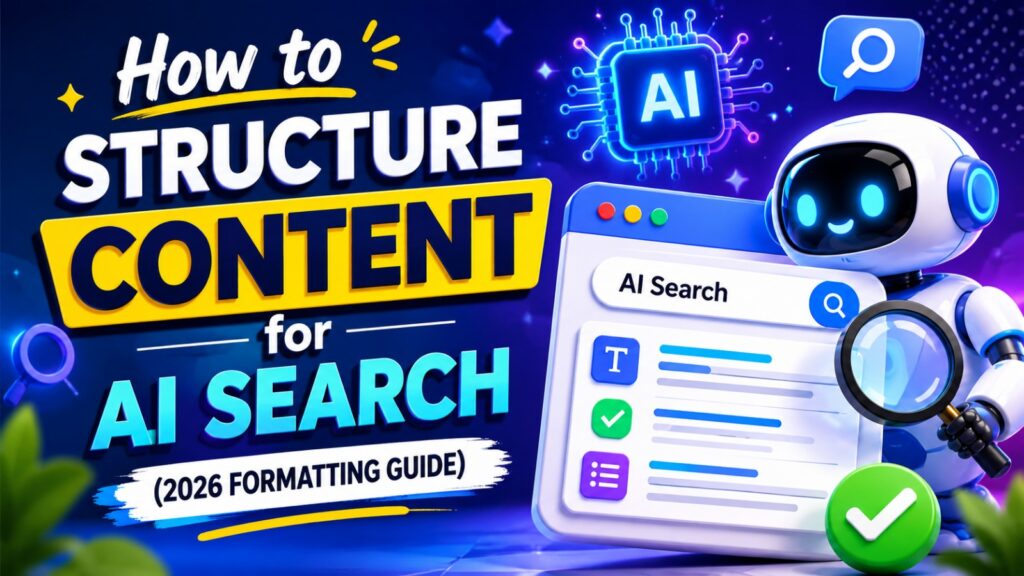 an graphic text reads how to structure content for ai search 2026 formatting guide next to a small white robot holding a magnifying glass looking at an ai search window
