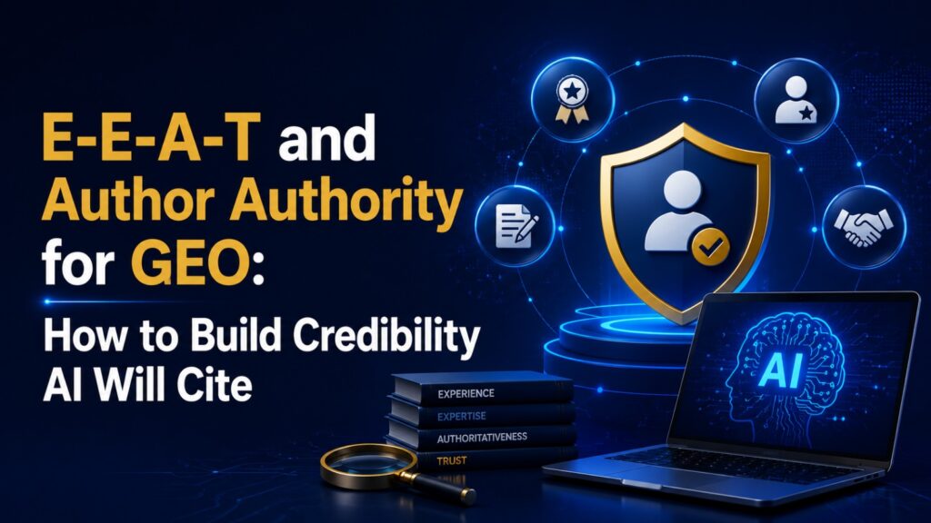 Graphic titled "E-E-A-T and Author Authority for GEO: How to Build Credibility AI Will Cite." The image features a dark blue background with glowing icons representing trust, author verification, and expertise, a laptop displaying an AI brain graphic, stack of books labeled Experience, Expertise, Authoritativeness, and Trust, and a magnifying glass.