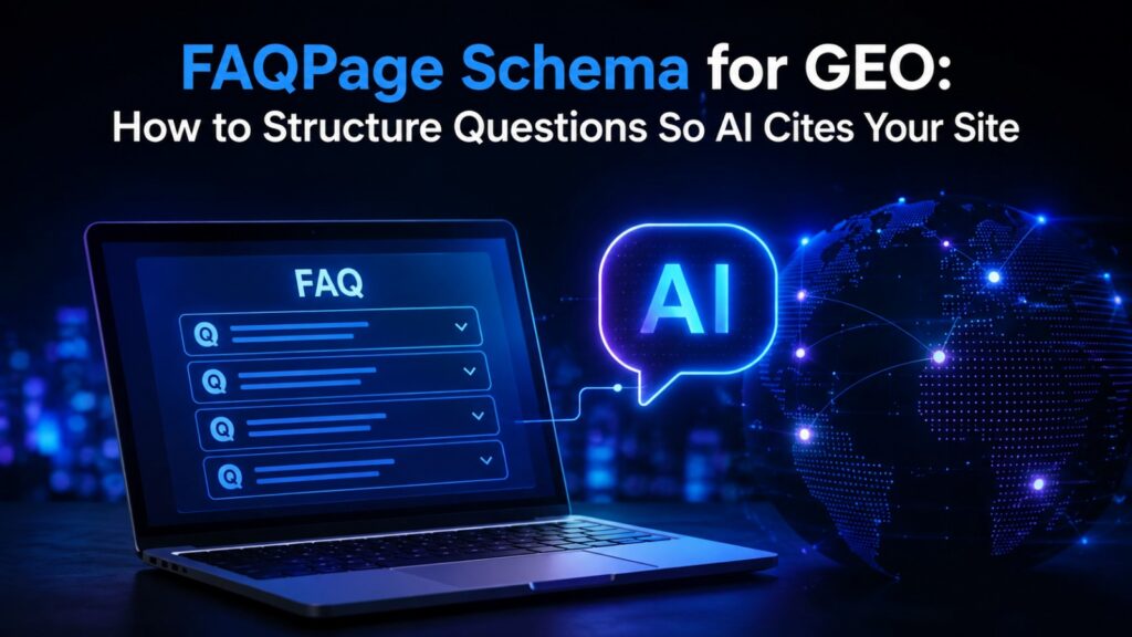 a laptop displaying an faq layout connected to a glowing ai speech bubble next to a digital globe, titled FAQPage Schema for GEO: How to Structure Questions So AI Cites Your Site.
