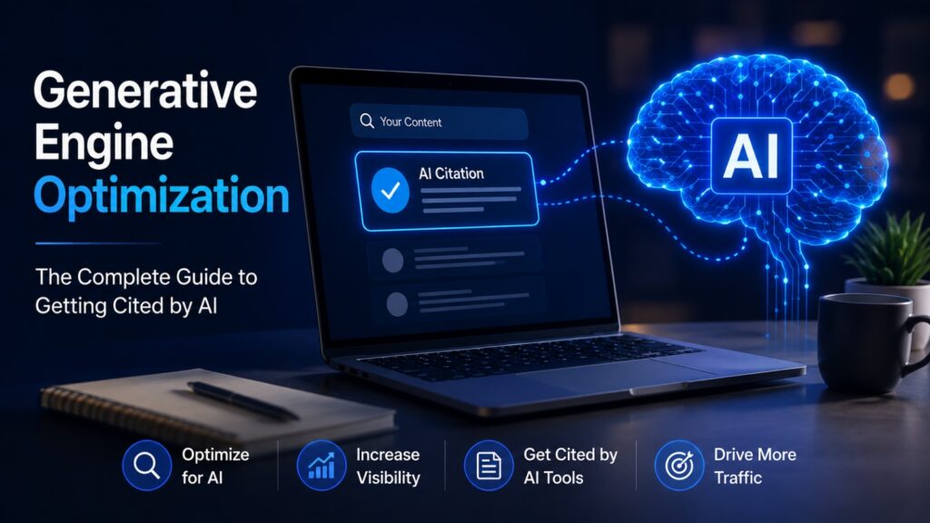 A laptop displaying search results linked to a glowing digital AI brain, alongside text about generative engine optimization.