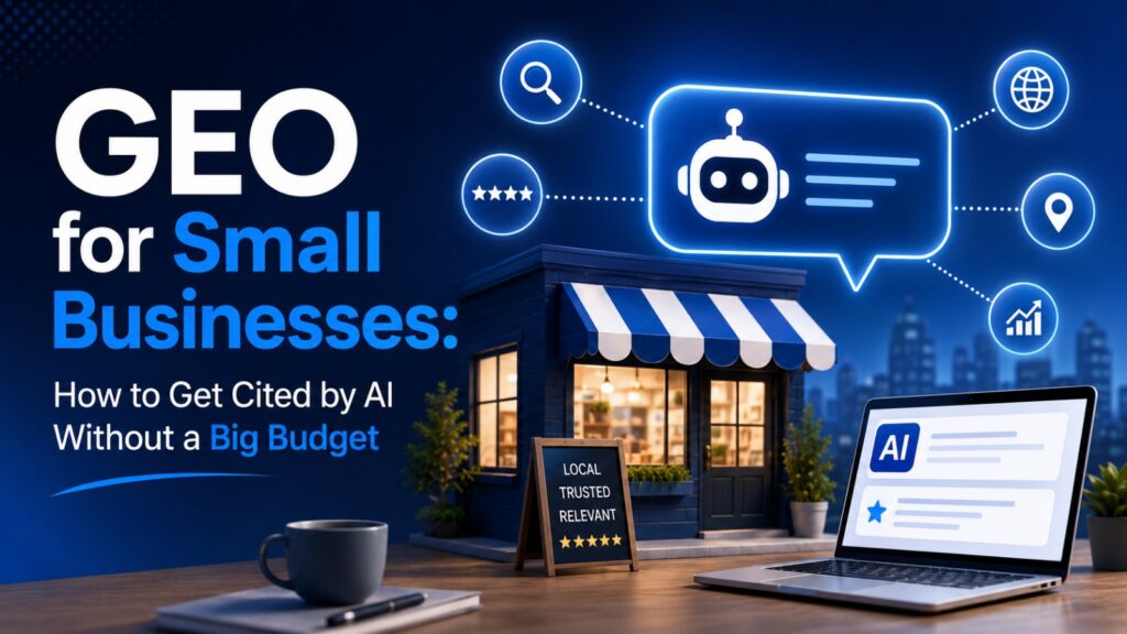 Graphic featuring the text "GEO for Small Businesses: How to Get Cited by AI Without a Big Budget" alongside a miniature storefront, a laptop displaying an AI interface, and glowing digital icons.