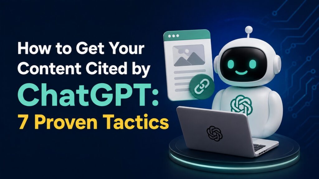 3d robot sitting at a laptop with a linked document, alongside text reading "how to get your content cited by chatgpt: 7 proven tactics."