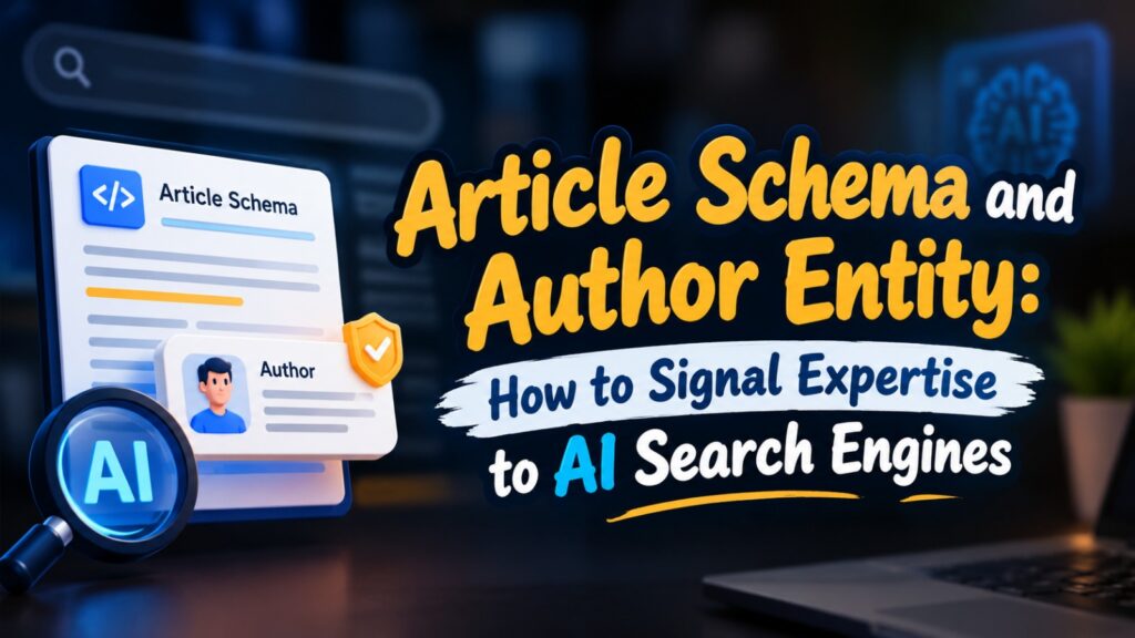 a graphic titled article schema and author entity: how to signal expertise to ai search engines alongside an article document, an author profile icon, and an ai magnifying glass.