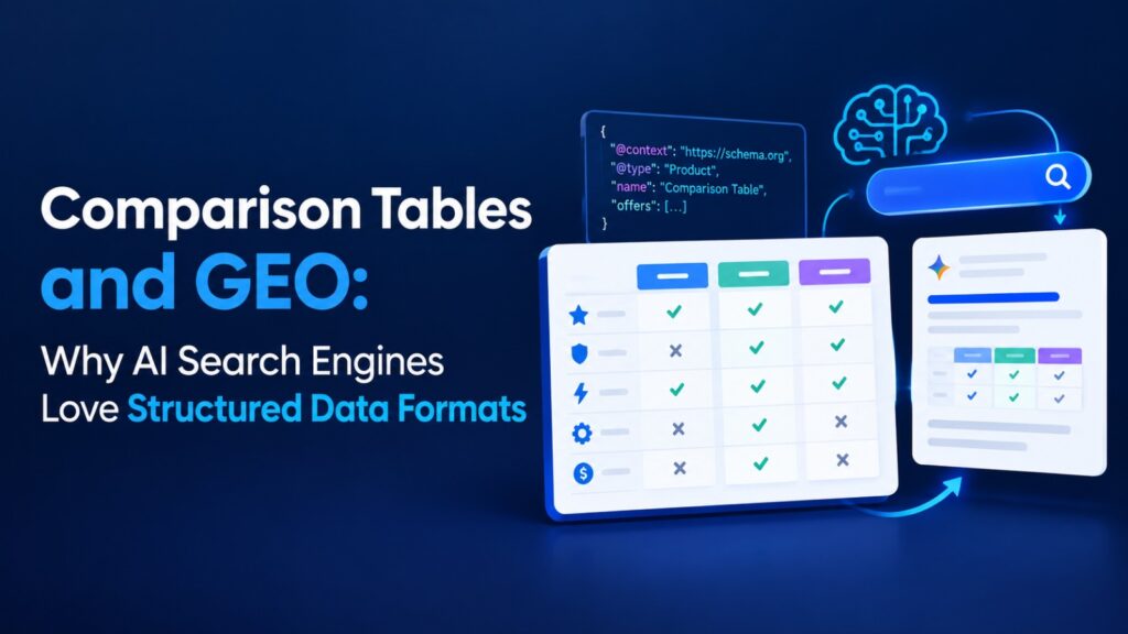 a graphic titled comparison tables and geo: why ai search engines love structured data formats featuring a comparison table, schema code, and a digital brain icon.