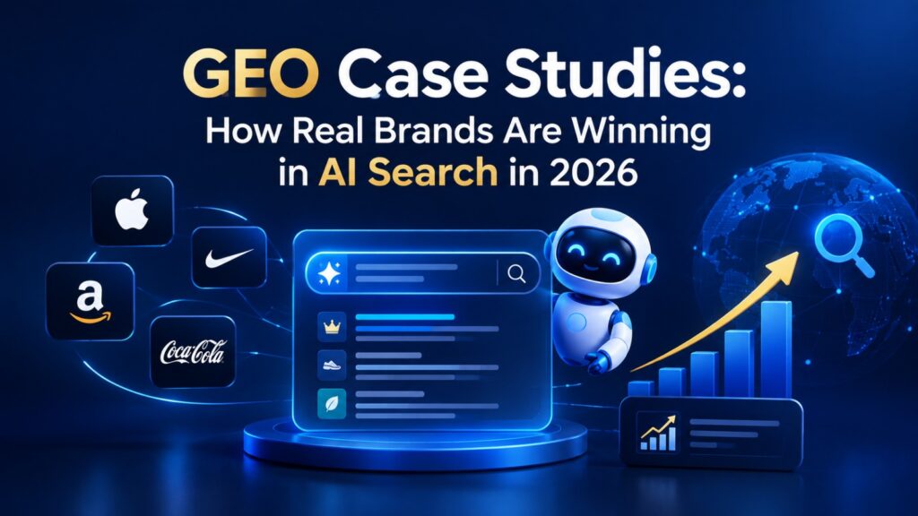 a graphic titled geo case studies: how real brands are winning in ai search in 2026 featuring major brand logos, a search interface, and an ai robot next to a rising growth chart.