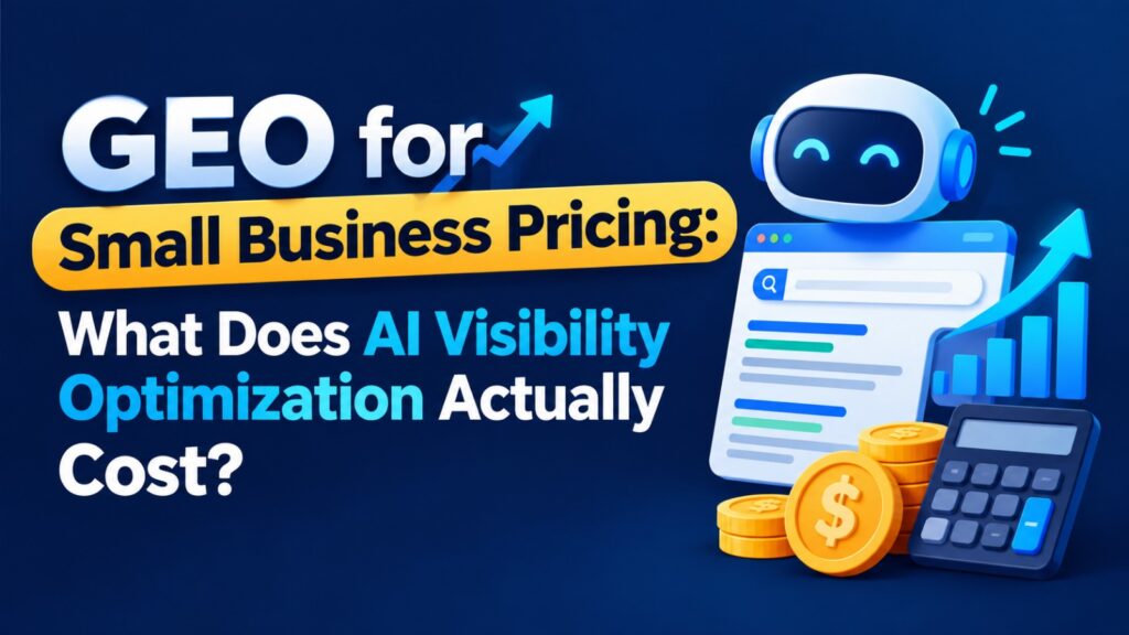 GEO for Small Business Pricing graphic asking "What Does AI Visibility Optimization Actually Cost?" featuring an AI bot, search browser, calculator, and coins on a dark blue background.