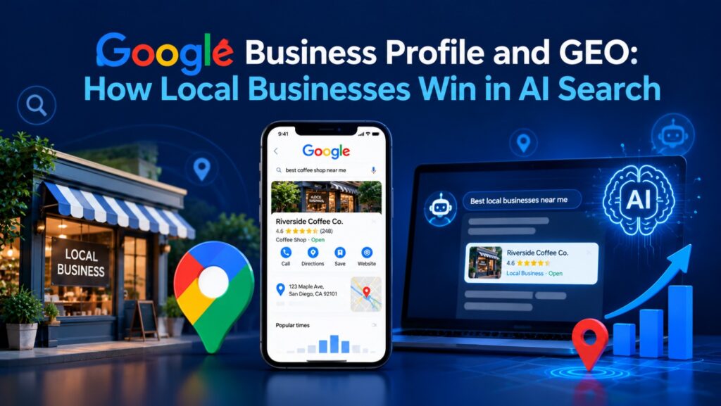 graphic titled google business profile and geo: how local businesses win in ai search showing a smartphone with a google local listing, a storefront, and a laptop displaying ai search results.