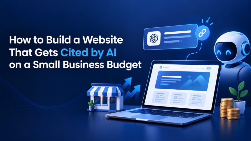 a graphic titled how to build a website that gets cited by ai on a small business budget featuring a laptop, an ai robot, and small business icons.
