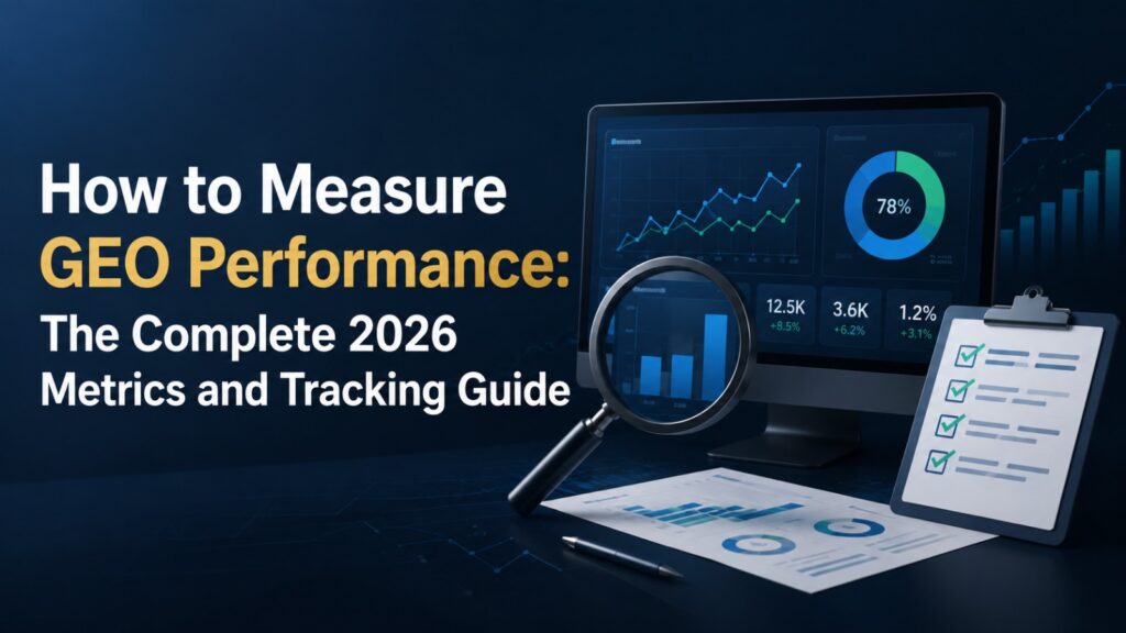 a digital analytics dashboard with charts alongside the text "How to Measure GEO Performance: The Complete 2026 Metrics and Tracking Guide".