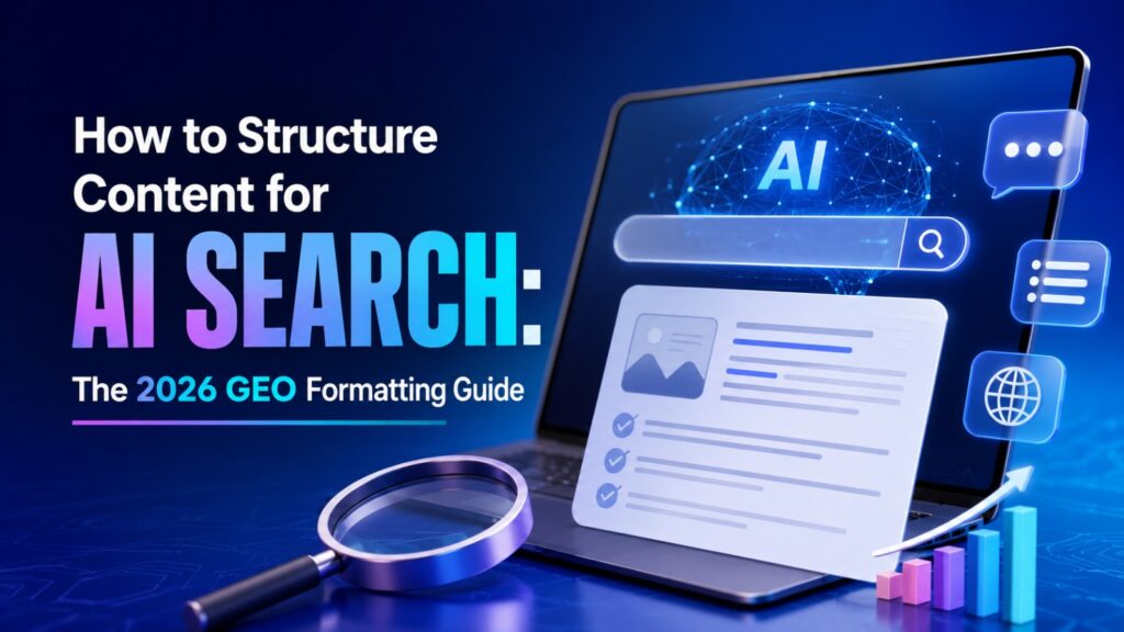Laptop displaying structured content and digital search graphics next to text reading "How to Structure Content for AI Search: The 2026 GEO Formatting Guide."