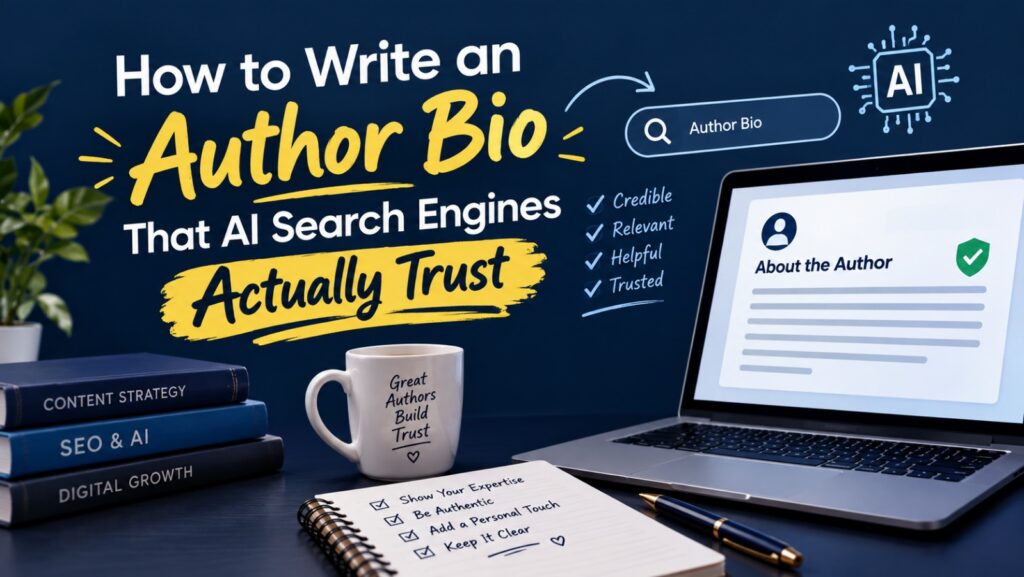 graphic titled how to write an author bio that ai search engines actually trust featuring a laptop with an about the author page, a notebook with bio tips, books, and a coffee mug.