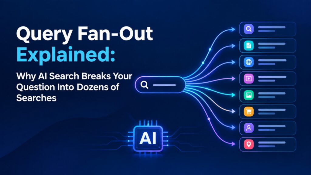 An infographic explaining query fan-out in AI search, showing a single search bar branching out into multiple sub-search queries and data categories.