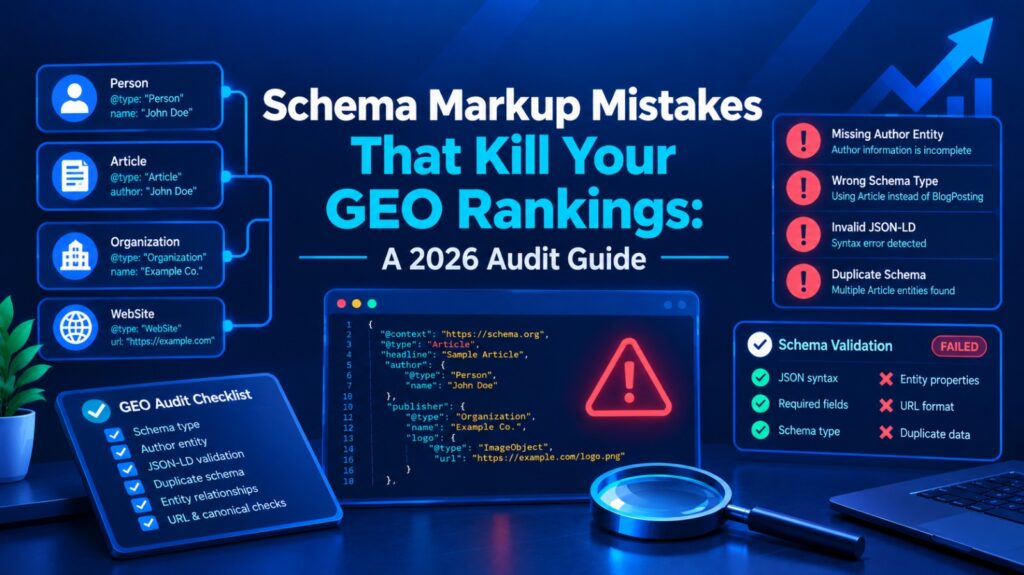 Alt Text: Infographic about schema markup mistakes that impact GEO rankings, featuring JSON-LD code, a validation status, and audit checklists.