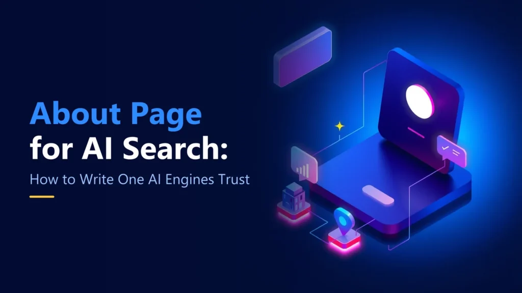 About page for AI search – illustration of a trusted brand profile connected to an AI answer
