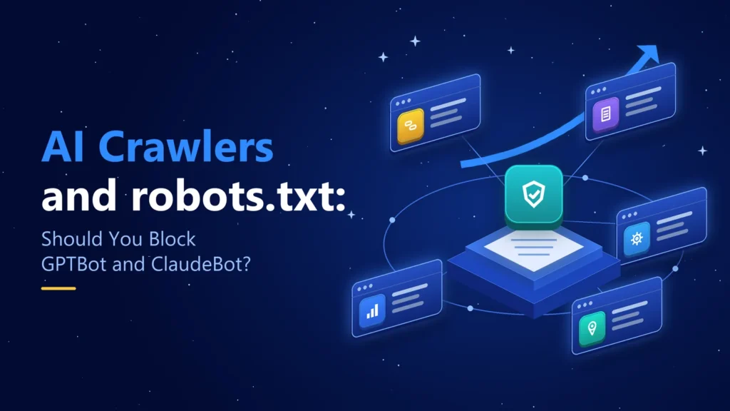 AI crawlers and robots.txt – illustration of a shield controlling which AI bots can access web pages