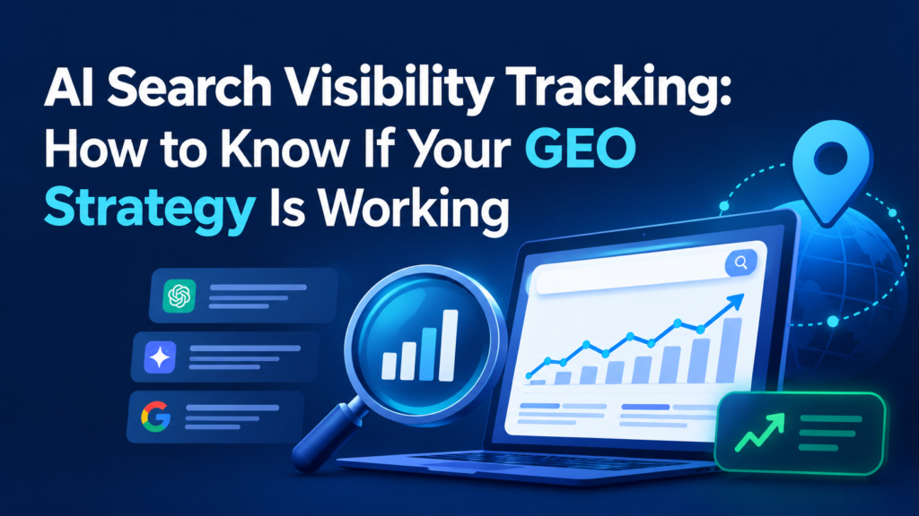 AI search visibility tracking infographic with analytics charts, search engine results, and growth indicators on a dark blue background, illustrating how to measure GEO strategy performance.
