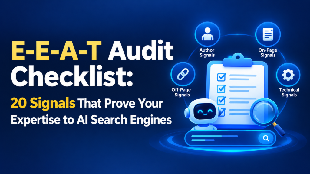 E-E-A-T audit checklist showing 20 expertise signals for AI search engines.
