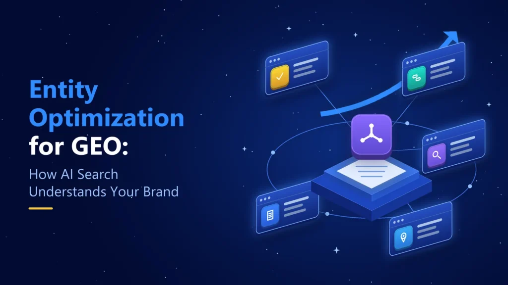 Entity optimization for GEO – illustration of a knowledge graph network connecting brand profiles