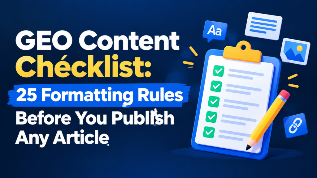 GEO Content Checklist infographic with 25 formatting rules to follow before publishing an article.