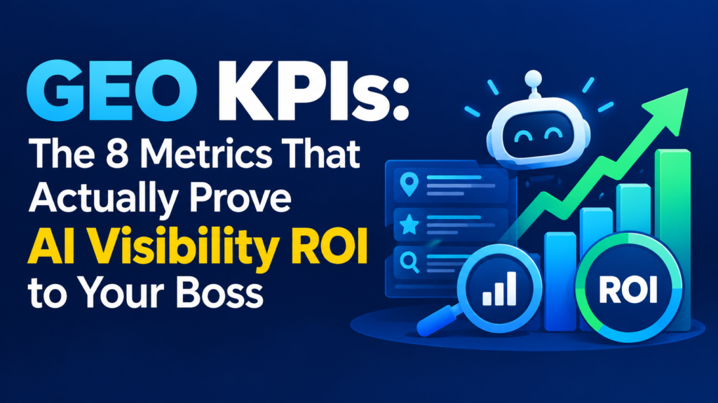 GEO KPIs infographic showing AI visibility ROI metrics, analytics dashboards, rising charts, and performance tracking on a dark blue background.