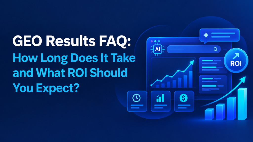 GEO results FAQ graphic showing AI visibility, timeline, performance metrics, and ROI growth.