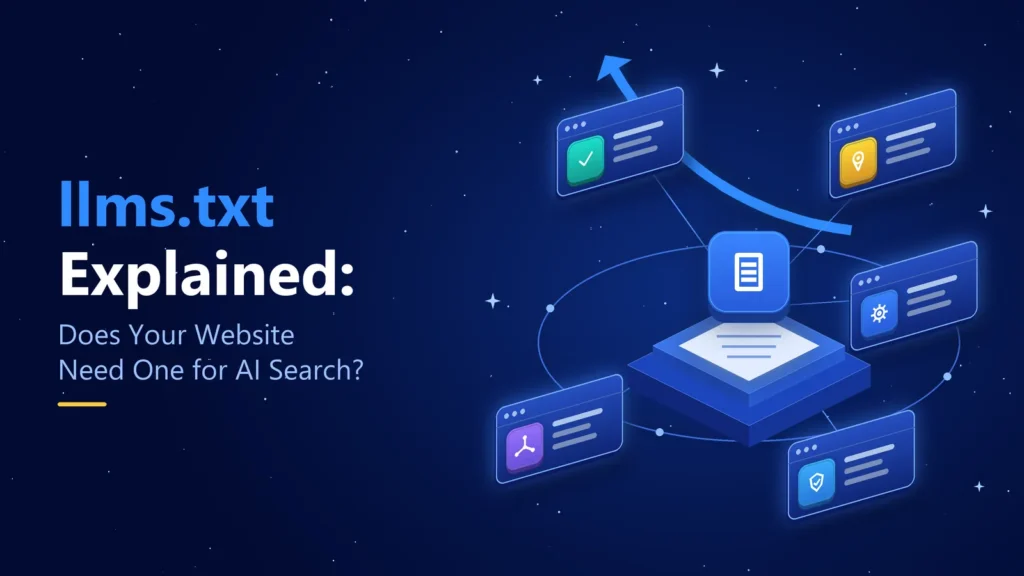 llms.txt explained – illustration of an AI-readable site index file connected to web pages
