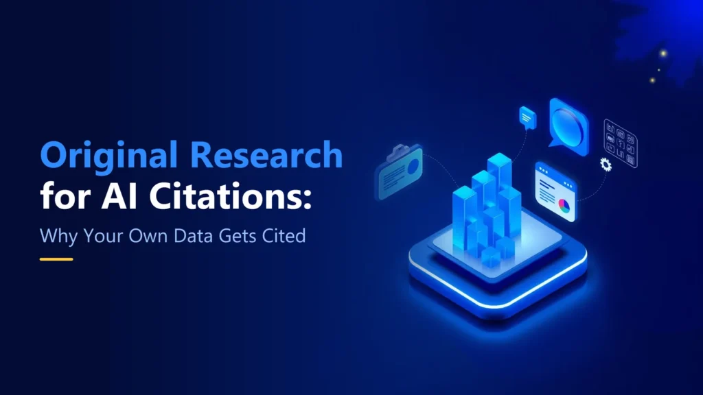 Original research for AI citations – illustration of research charts feeding data into an AI answer