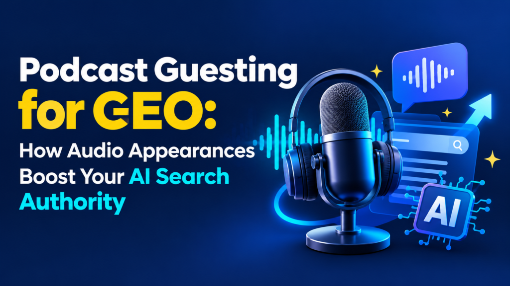 Podcast microphone, headphones, audio waveforms, and AI search graphics on a dark blue background representing GEO authority.