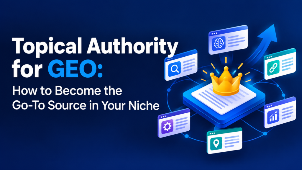 Topical authority for GEO showing a crowned content hub connected to AI search, links, analytics, and topic cluster elements